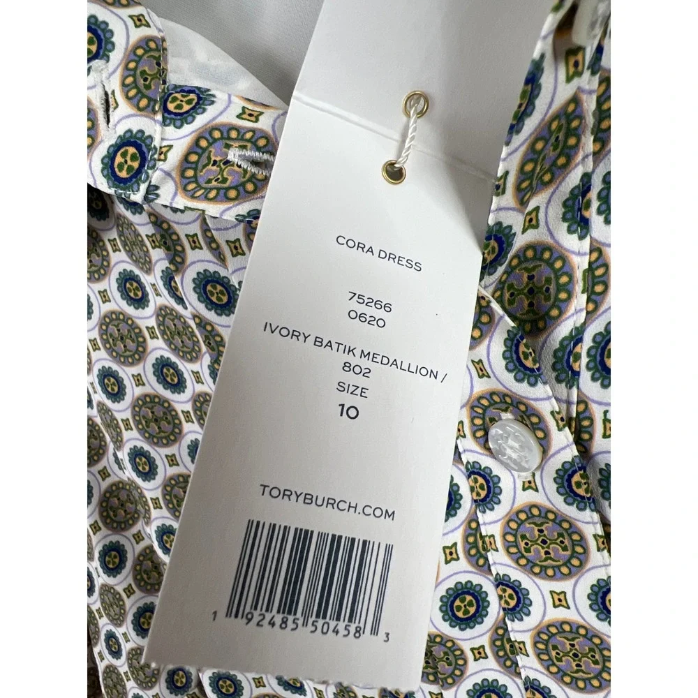 Tory Burch Cora Shirt Dress Women 10 White Geometric Medallion Long Sleeve New